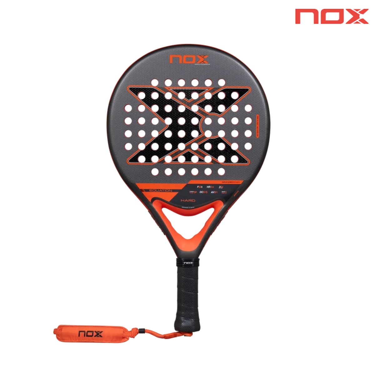Front view of the NOX Equation HARD Advanced 2027 padel racket with NOX logo.