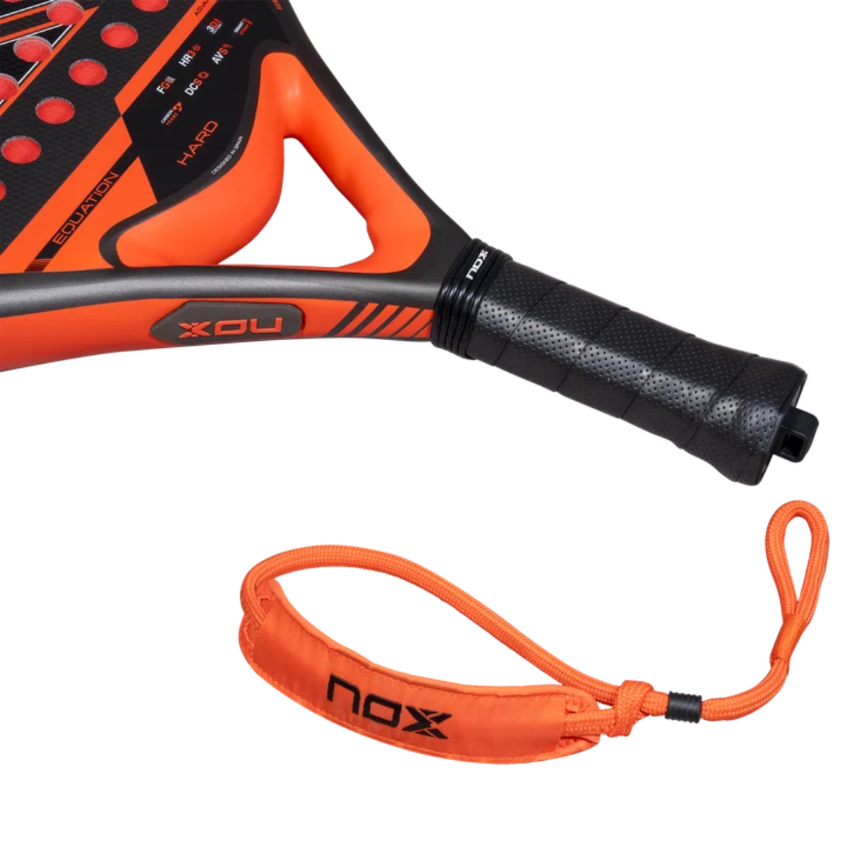 Close-up of the black handle and orange wrist strap of the NOX Equation HARD Advanced 2027 padel racket.