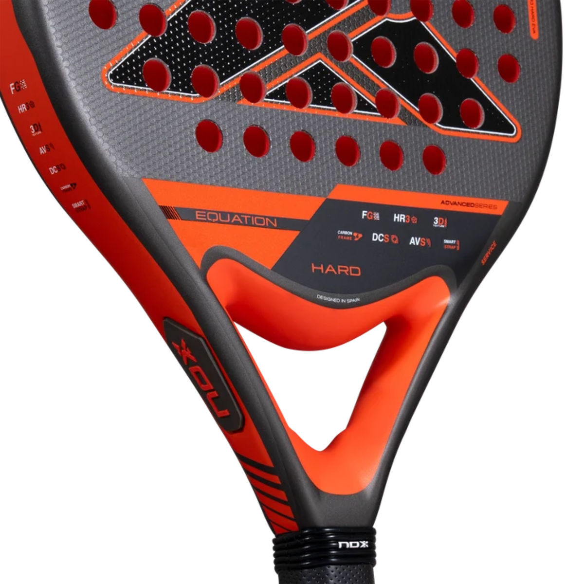 Close-up of the lower racket face and Equation HARD details of the NOX Equation HARD Advanced 2027.