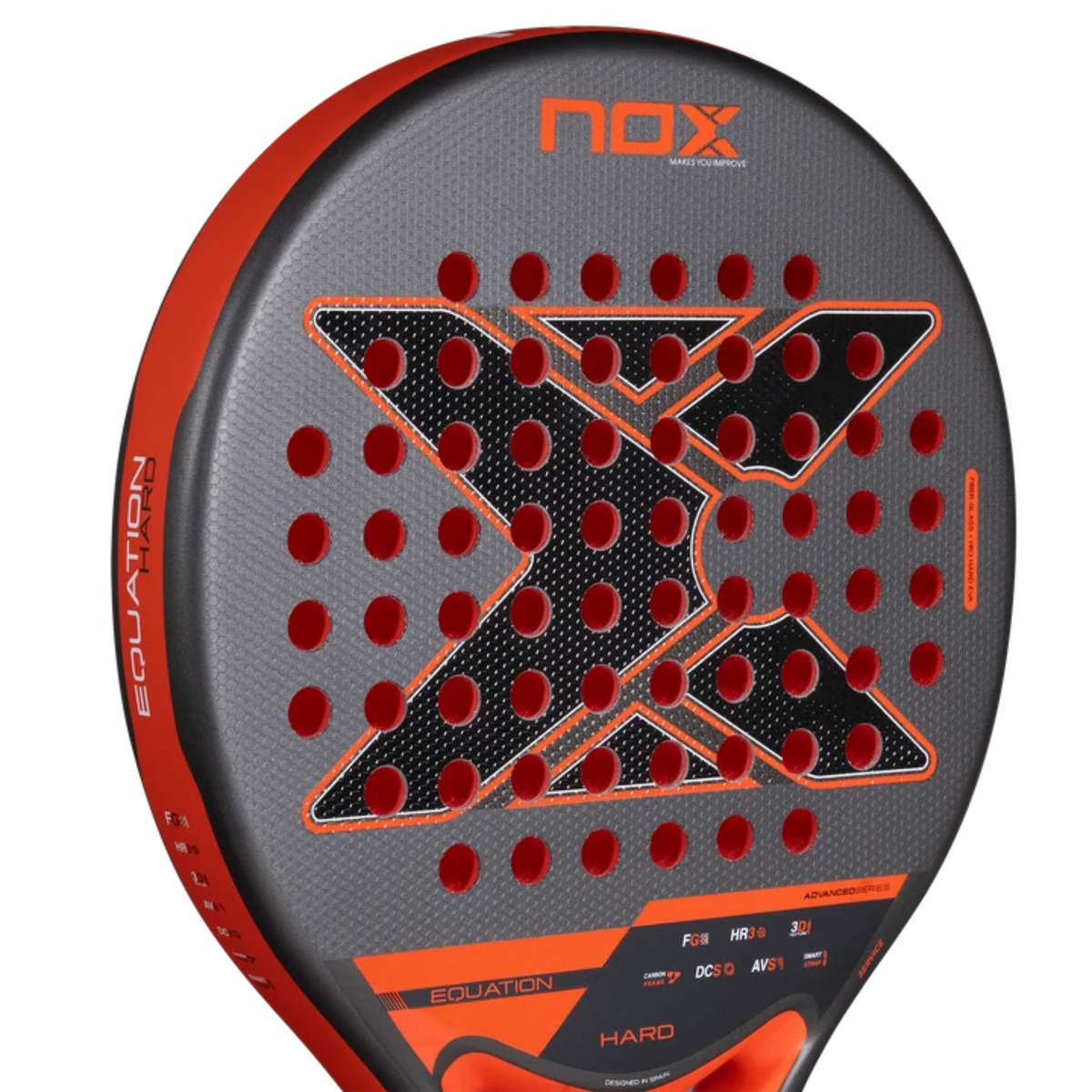 Close-up of the racket face and hole pattern of the NOX Equation HARD Advanced 2027.