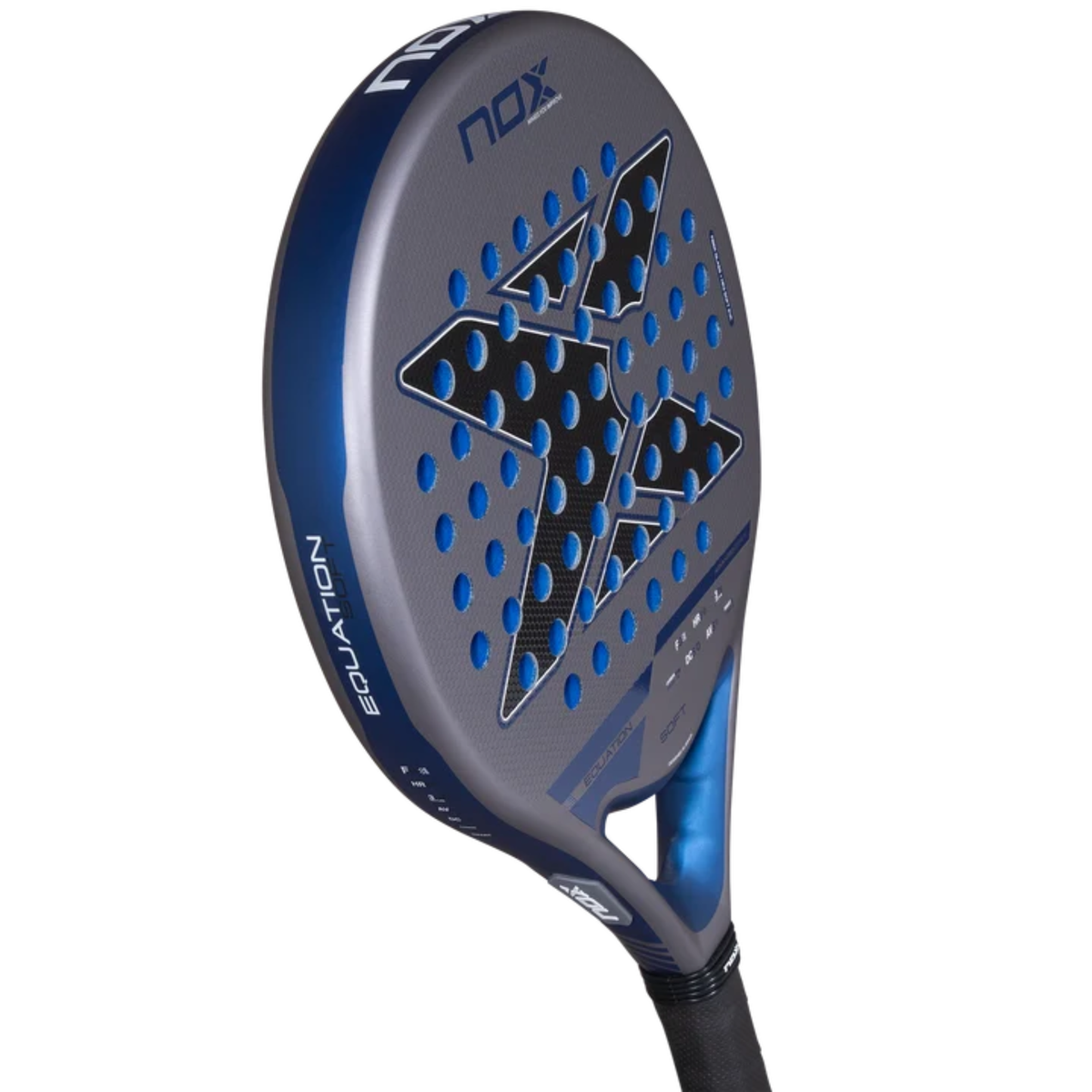 Angled full view of the NOX Equation SOFT Advanced 2027 padel racket showing the racket face and frame.