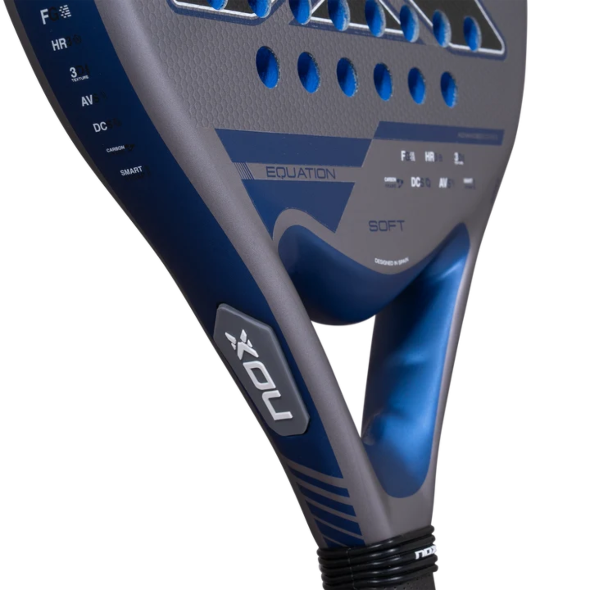 Close-up of the blue bridge and lower frame of the NOX Equation SOFT Advanced 2027 padel racket.
