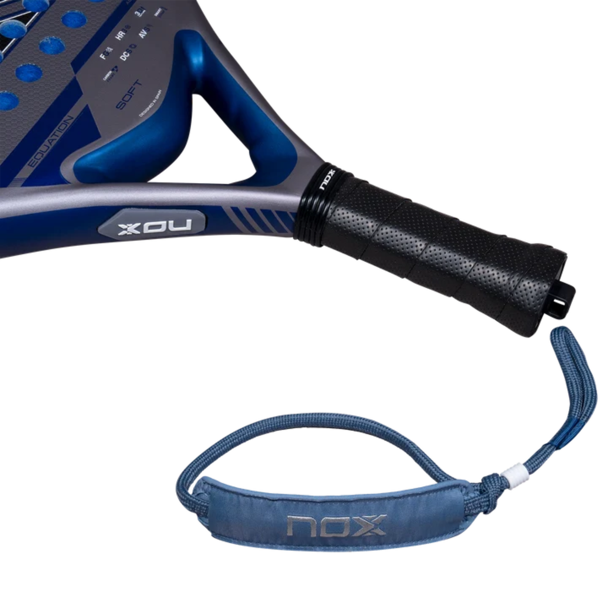 Close-up of the black handle and blue wrist strap of the NOX Equation SOFT Advanced 2027 padel racket.