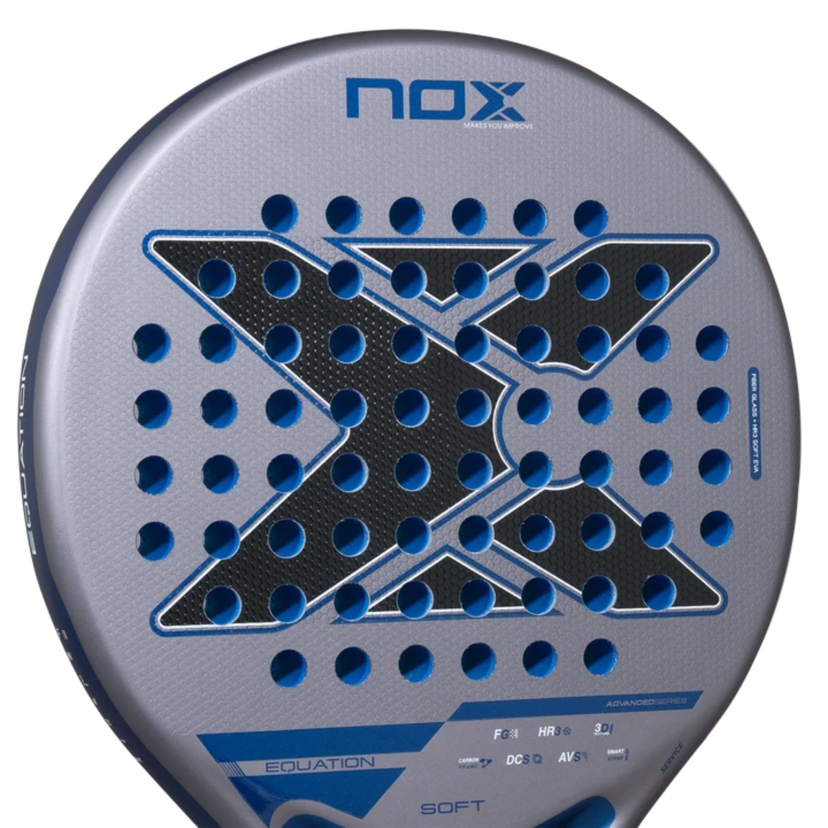 Close-up of the racket face and hole pattern of the NOX Equation SOFT Advanced 2027.