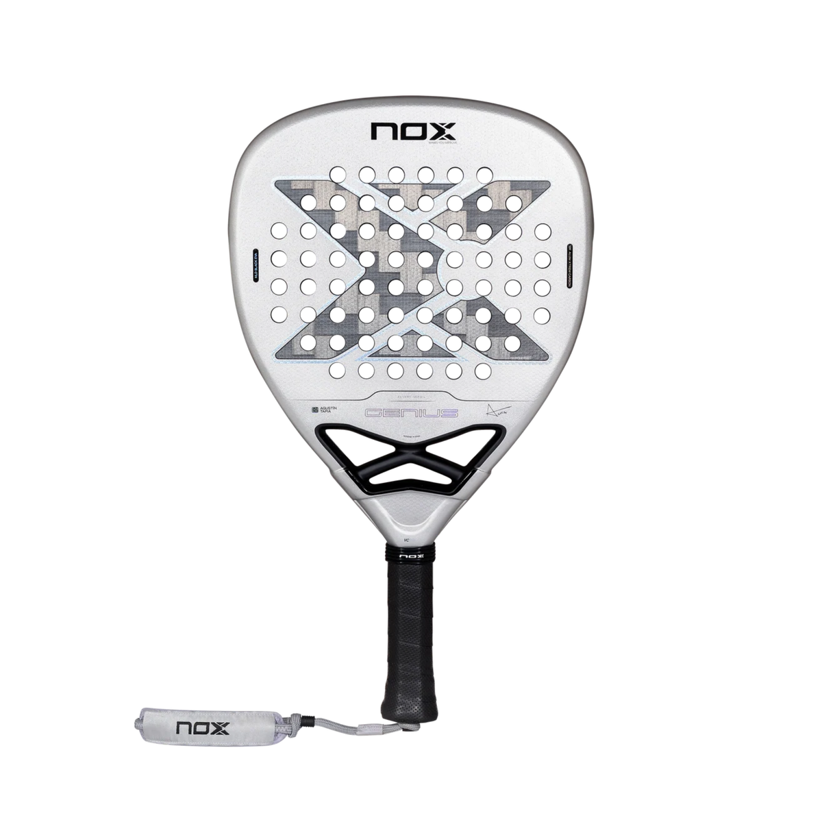 Clean front view of the NOX Genius Attack 12K Alum Xtrem Agustín Tapia 2027 padel racket, showing the silver finish, black grip, diamond shape and 12K carbon face.