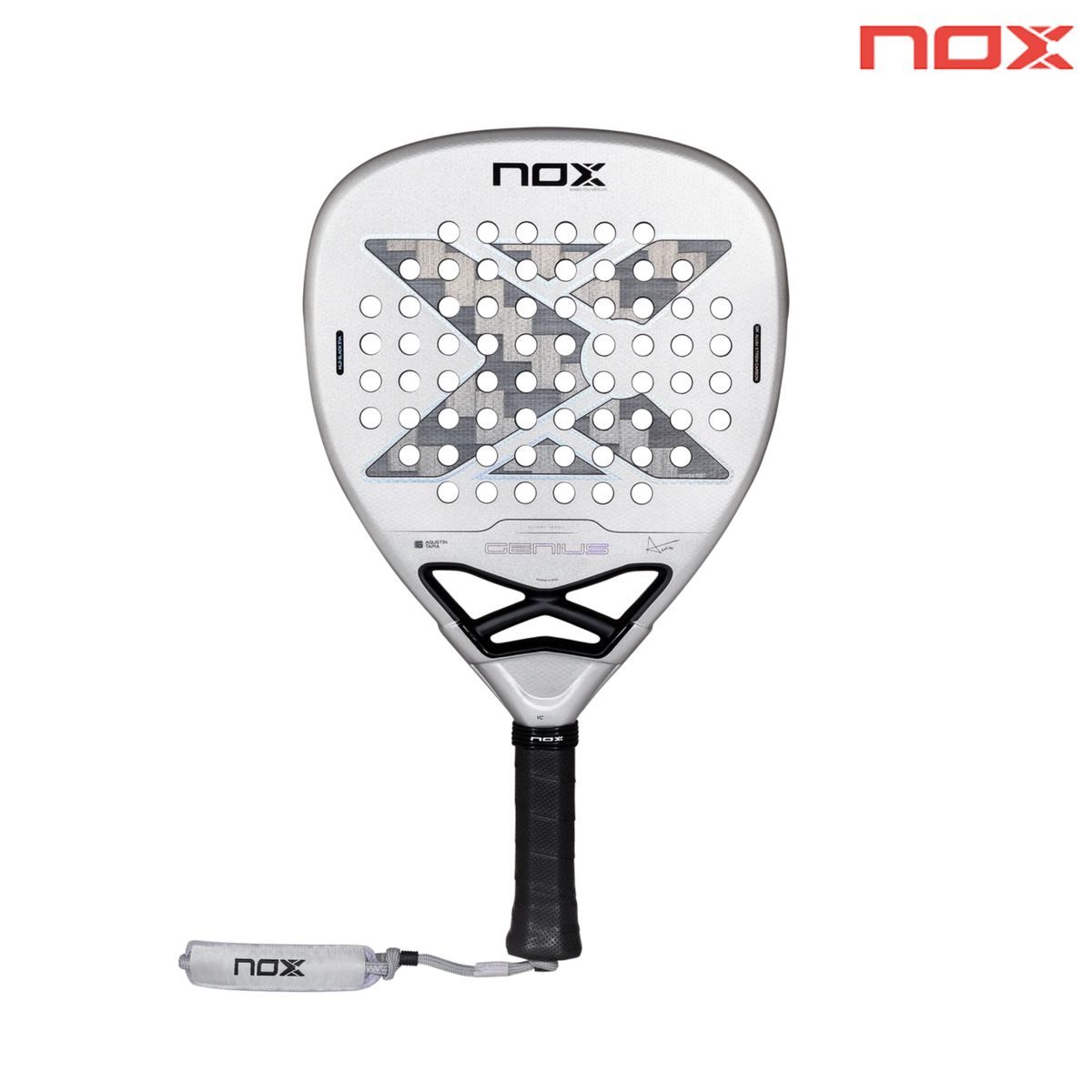 Front view of the NOX Genius Attack 12K Alum Xtrem Agustín Tapia 2027 padel racket showing its silver finish, diamond-shaped head, black grip and 12K carbon face.