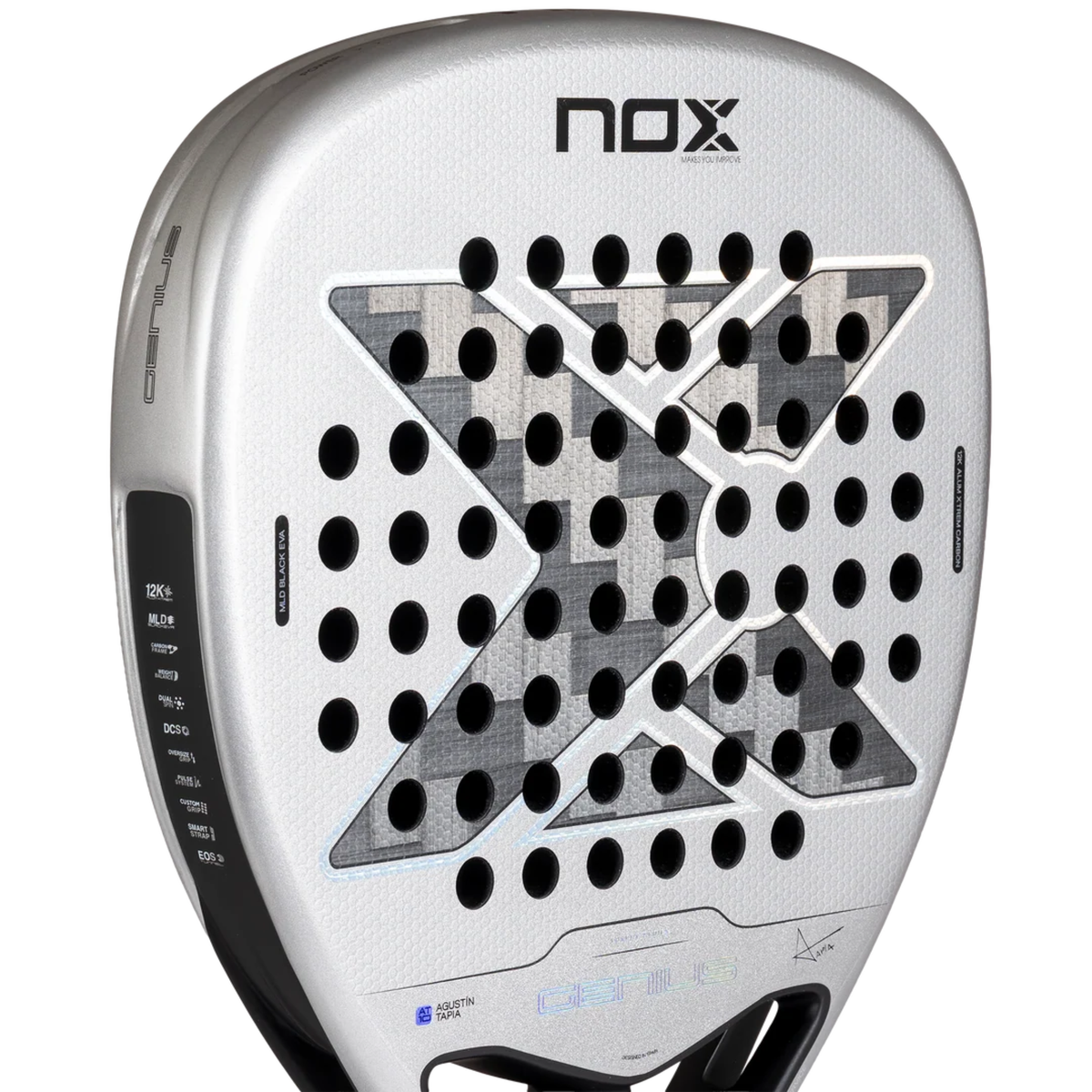 Detailed close-up of the silver racket face of the NOX Genius Attack 12K Alum Xtrem 2027 showing the carbon pattern, holes and NOX branding.