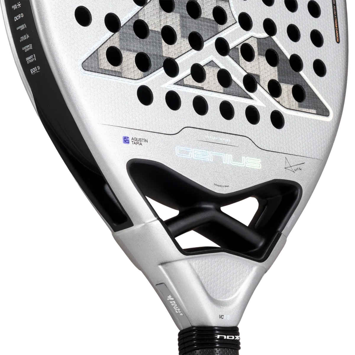 Close-up of the throat of the NOX Genius Attack 12K Alum Xtrem 2027 showing the reinforced open bridge, Genius branding and lower racket frame.