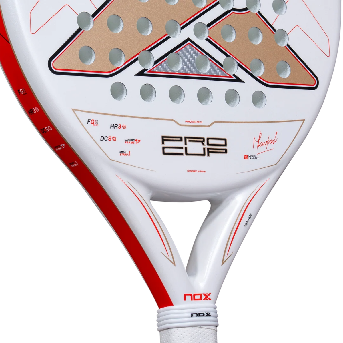 Close-up of the lower racket face and ML10 Pro Cup details of the NOX Miguel Lamperti 2027 padel racket.