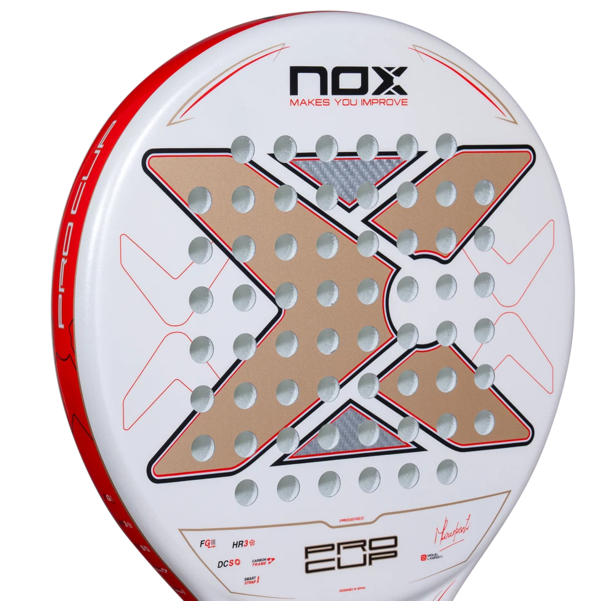 Close-up of the racket face and hole pattern of the NOX ML10 Pro Cup COORP by Miguel Lamperti 2027.
