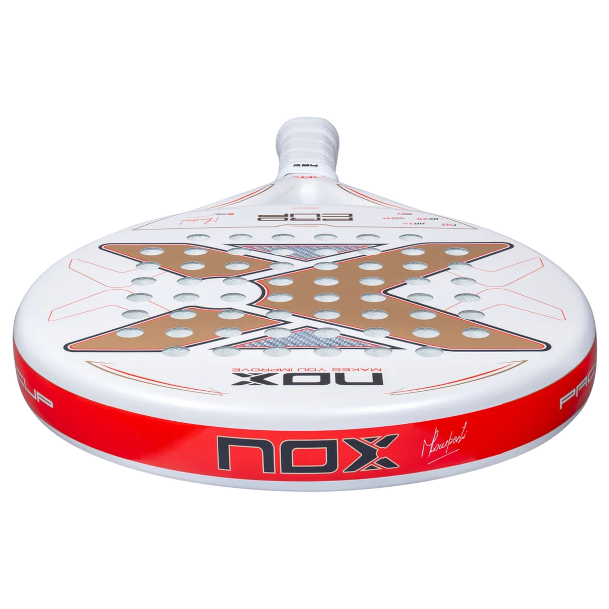Angled view of the racket face and top frame of the NOX ML10 Pro Cup COORP by Miguel Lamperti 2027.