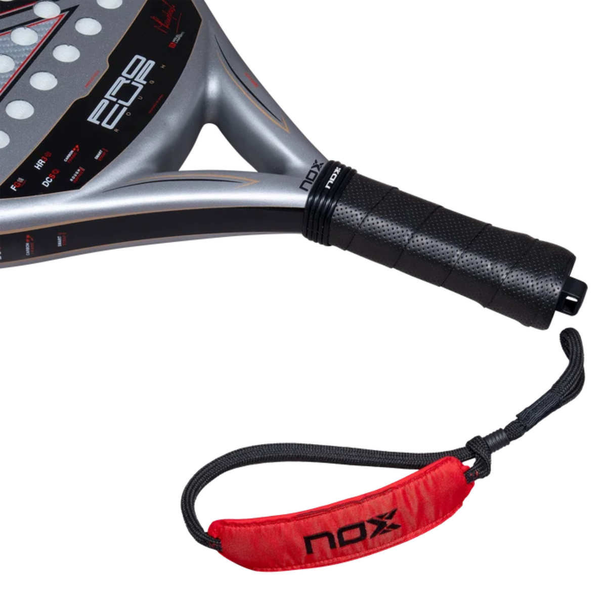 Close-up of the black handle and red wrist strap of the NOX ML10 Pro Cup Rough Surface Edition 2027 padel racket.