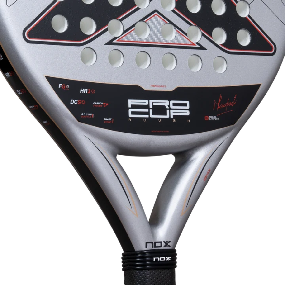 Close-up of the lower racket face and Pro Cup details of the NOX ML10 Pro Cup Rough Surface Edition 2027.