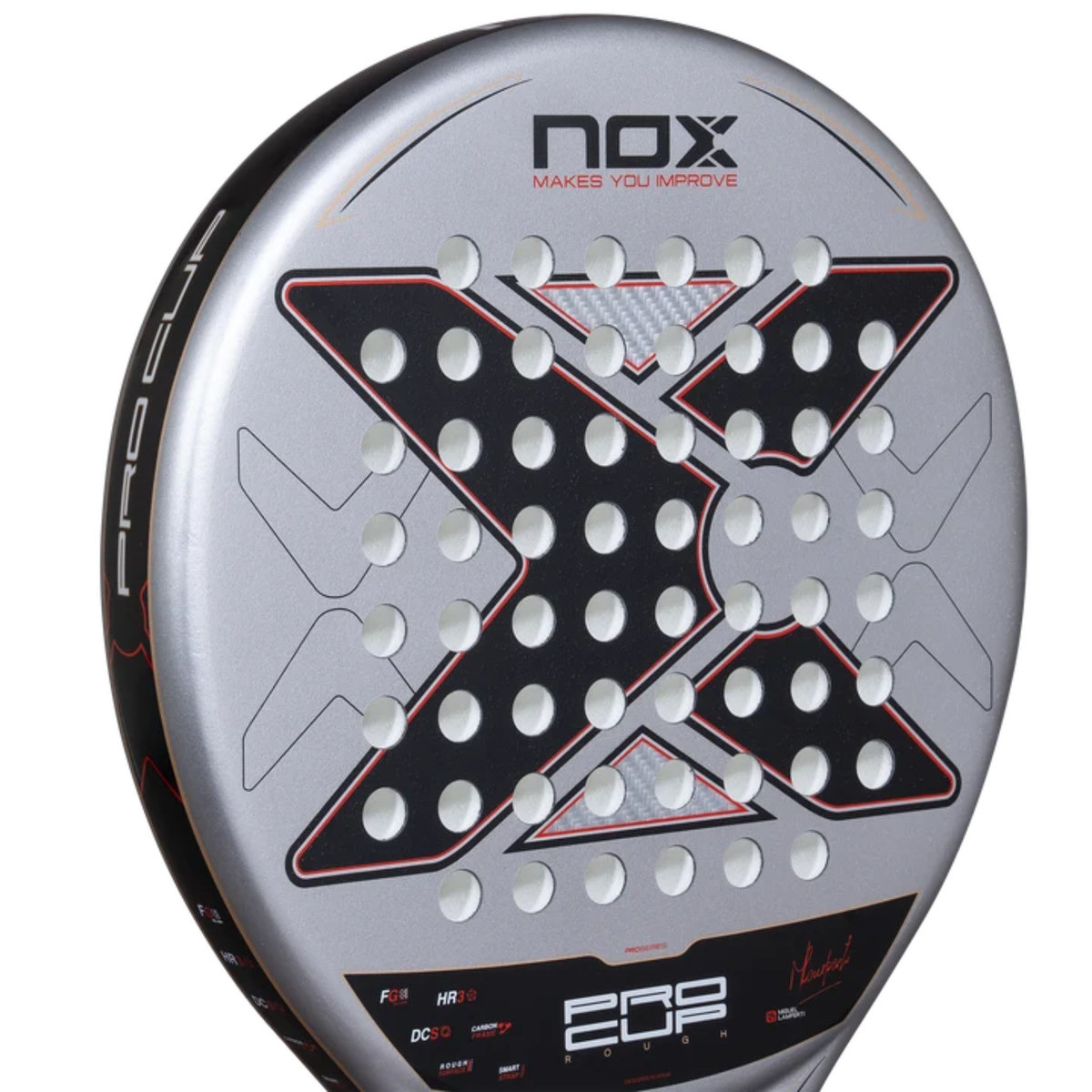 Close-up of the racket face and hole pattern of the NOX ML10 Pro Cup Rough Surface Edition 2027.