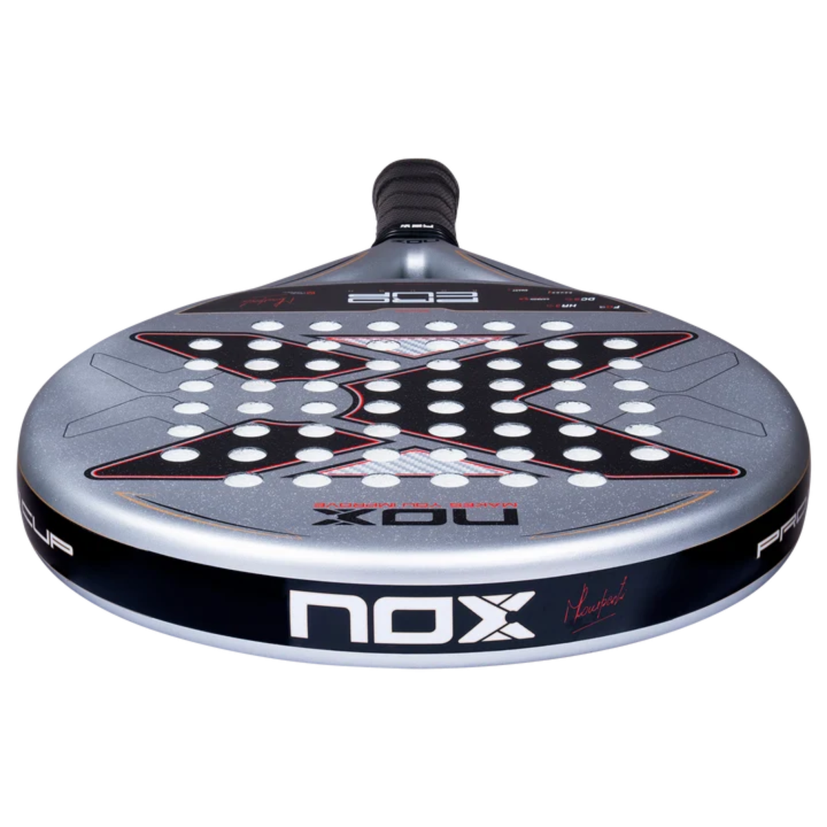 Angled view of the top frame and racket face of the NOX ML10 Pro Cup Rough Surface Edition 2027.