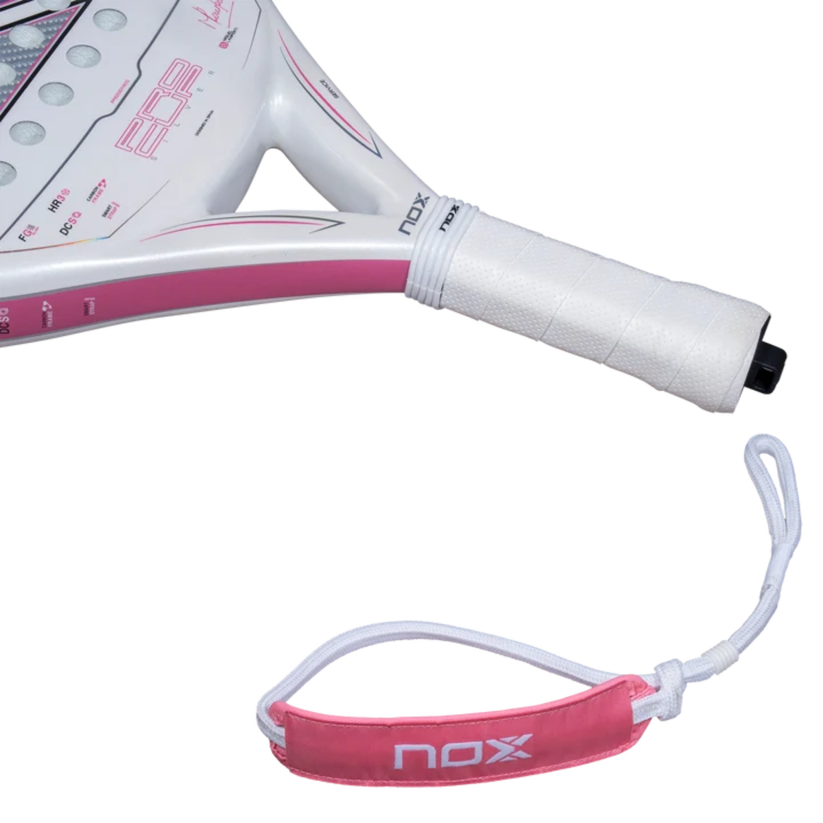 Close-up of the white handle and pink wrist strap of the NOX ML10 Pro Cup Silver by Miguel Lamperti 2027 padel racket.