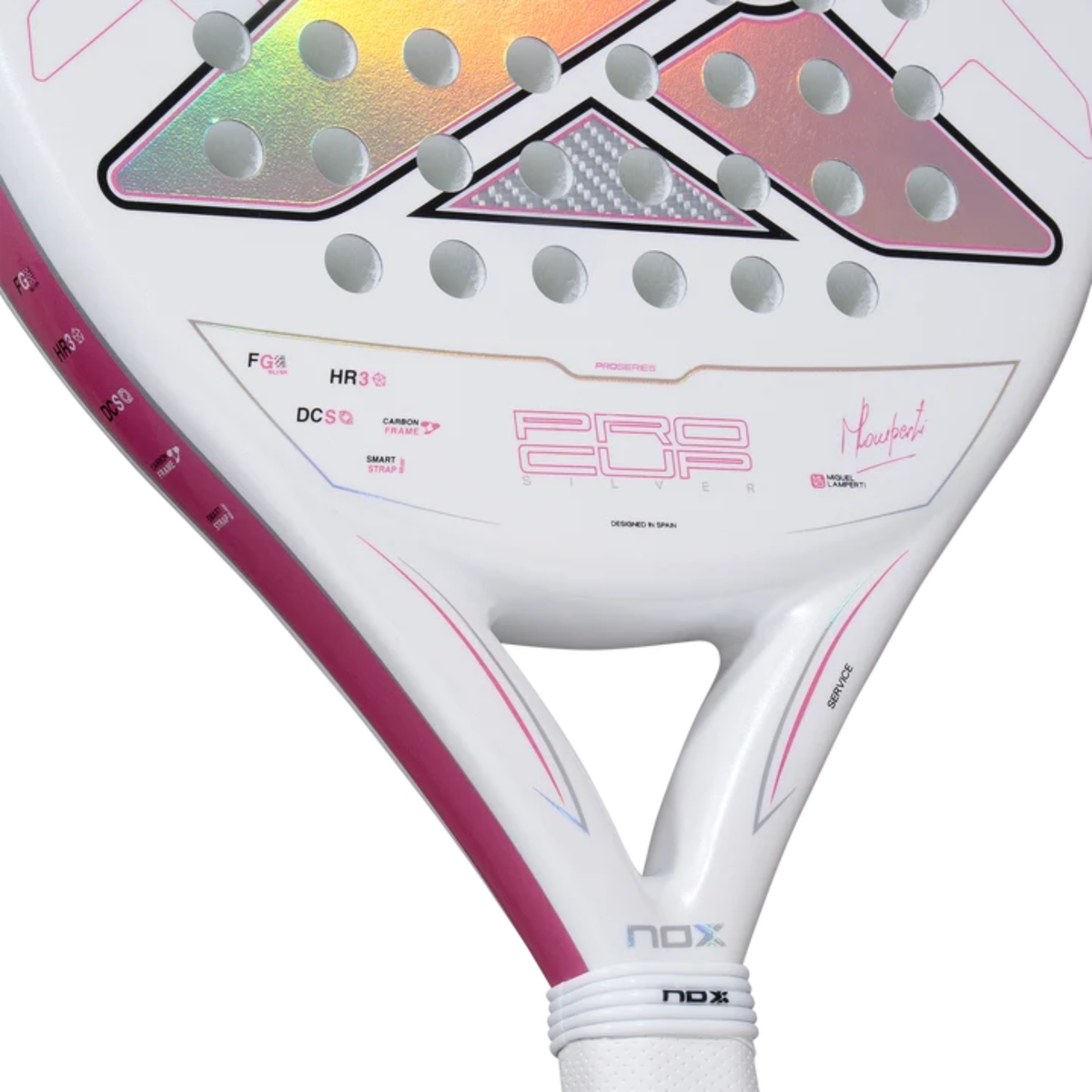 Close-up of the lower racket face and ML10 Pro Cup details of the NOX Miguel Lamperti 2027 padel racket.