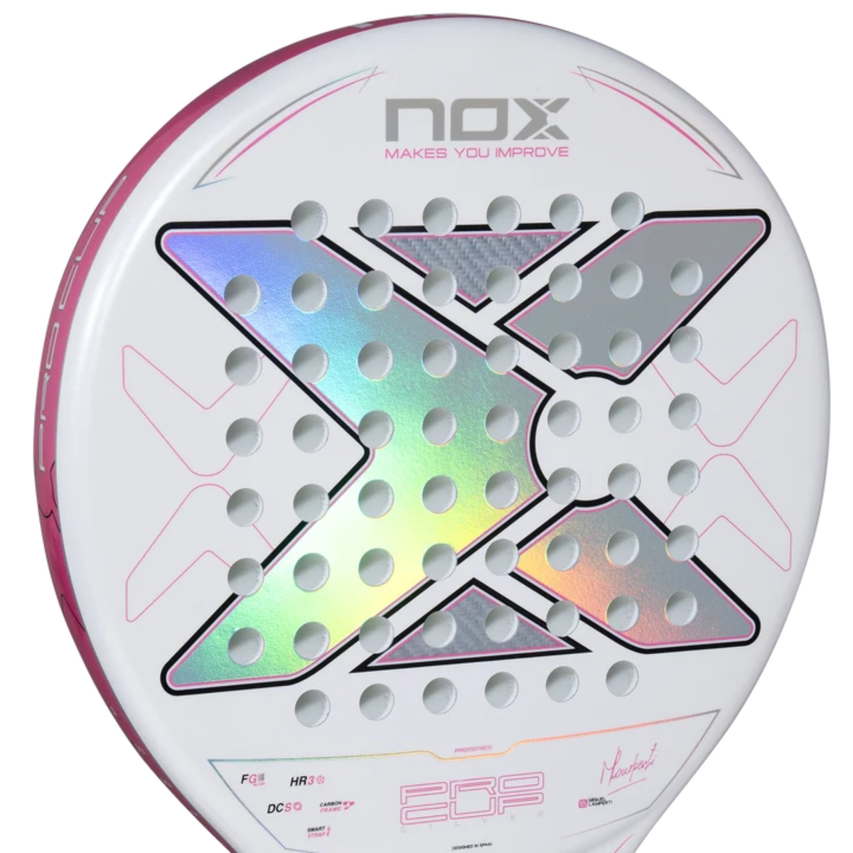 Close-up of the racket face and hole pattern of the NOX ML10 Pro Cup Silver by Miguel Lamperti 2027.