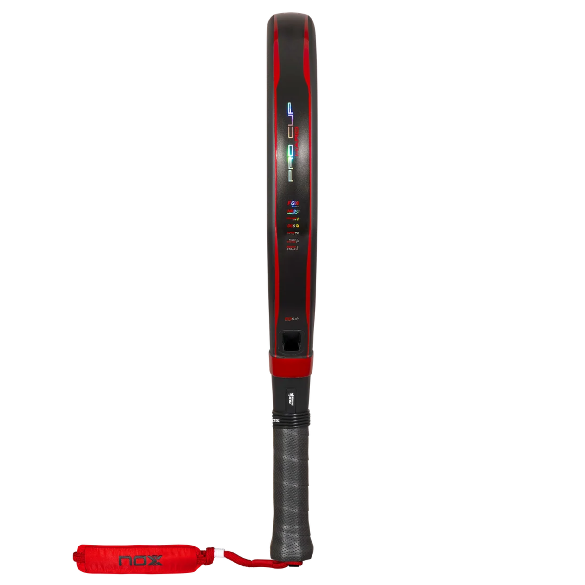 Side view of the NOX Pro Cup HARD by Agustin Tapia 2027 padel racket showing the frame profile.