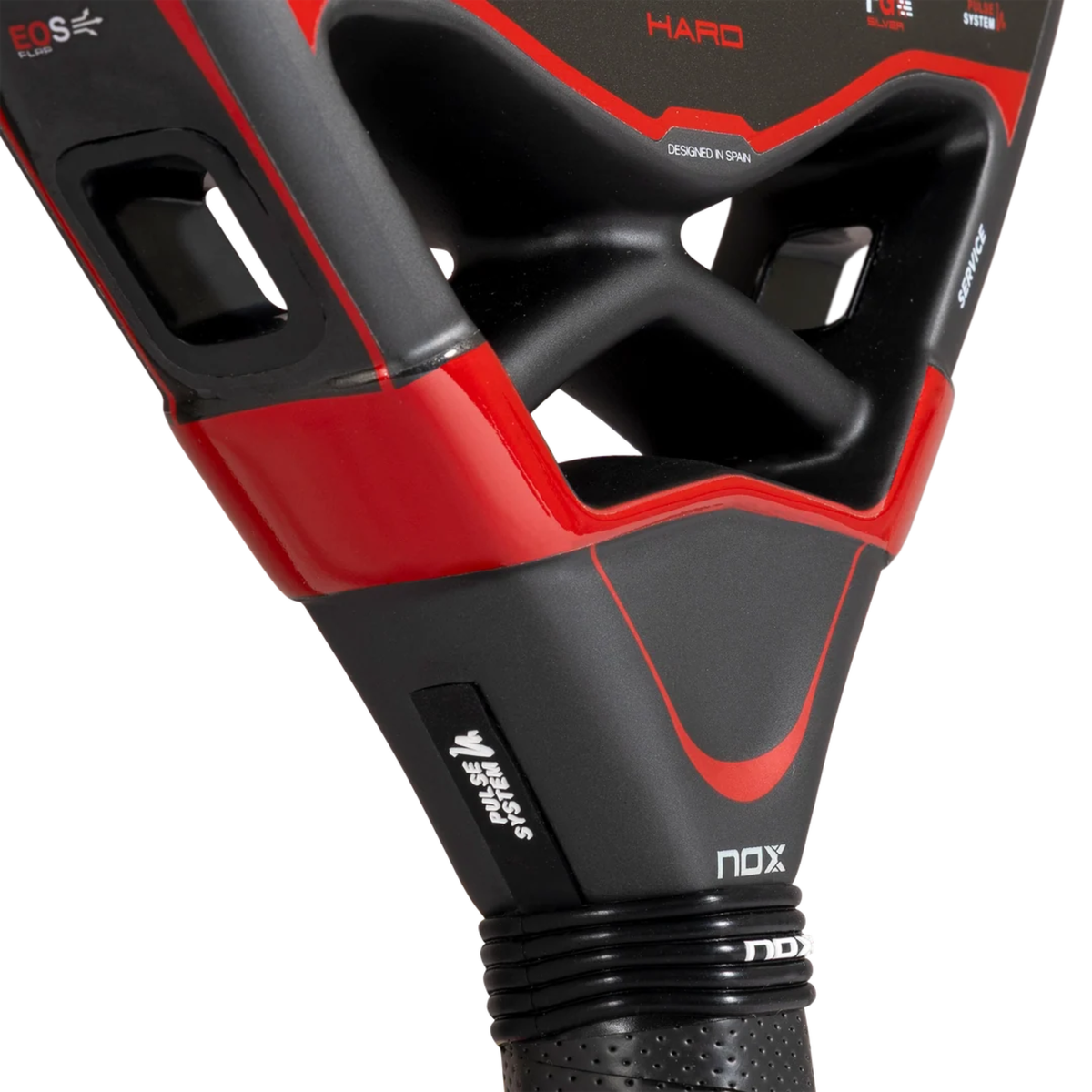 Close-up of the EOS frame opening and bridge of the NOX Pro Cup HARD by Agustin Tapia 2027 padel racket.