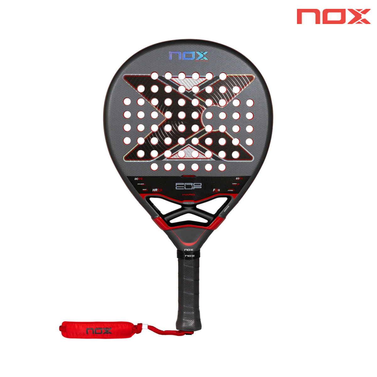 Front view of the NOX Pro Cup HARD by Agustin Tapia 2027 padel racket with NOX logo.