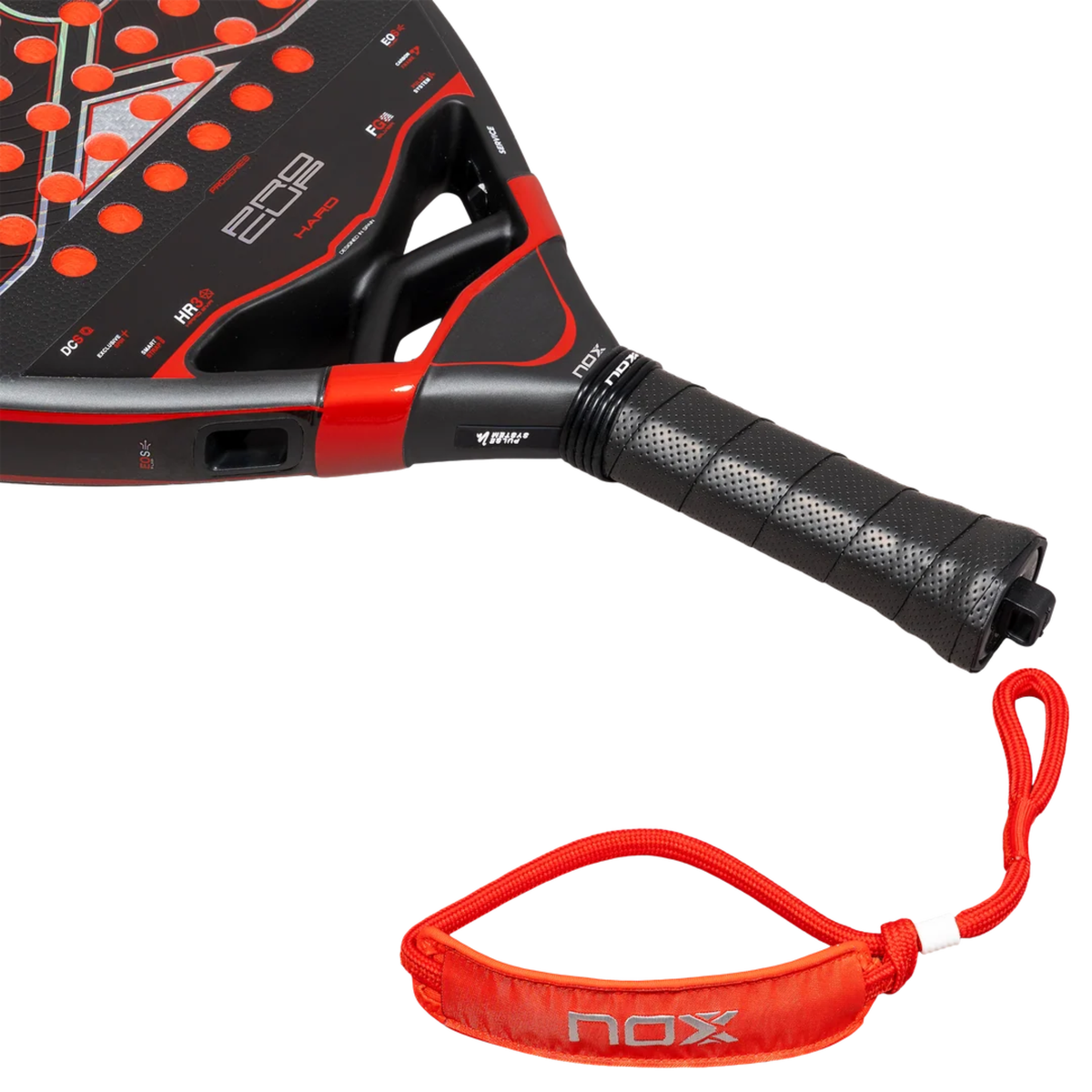 View of the handle and red wrist strap of the NOX Pro Cup HARD by Agustin Tapia 2027 padel racket.