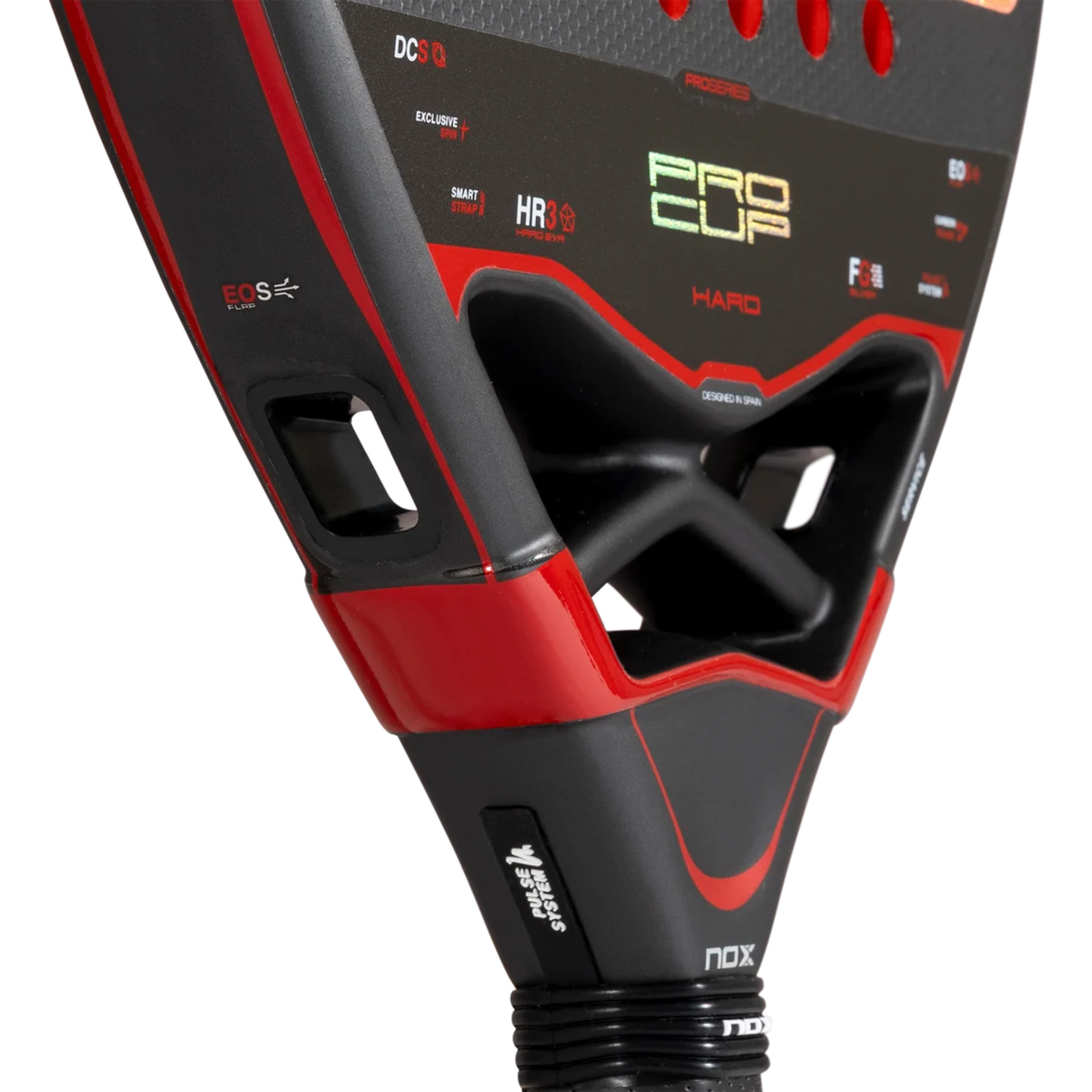 Close-up of the bridge construction of the NOX Pro Cup HARD by Agustin Tapia 2027 padel racket.