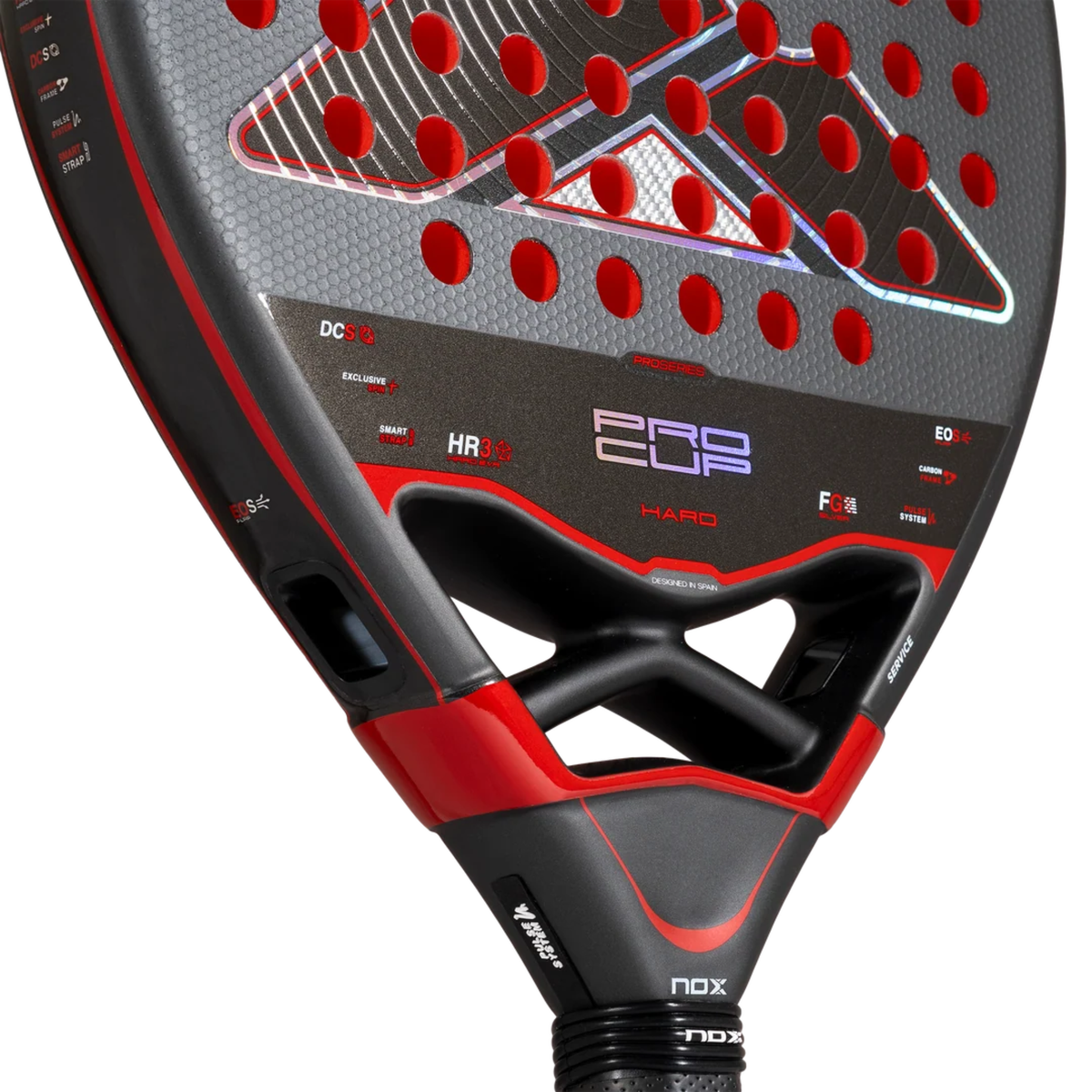 Close-up of the lower racket face and Pro Cup HARD details of the NOX Agustin Tapia 2027 padel racket.
