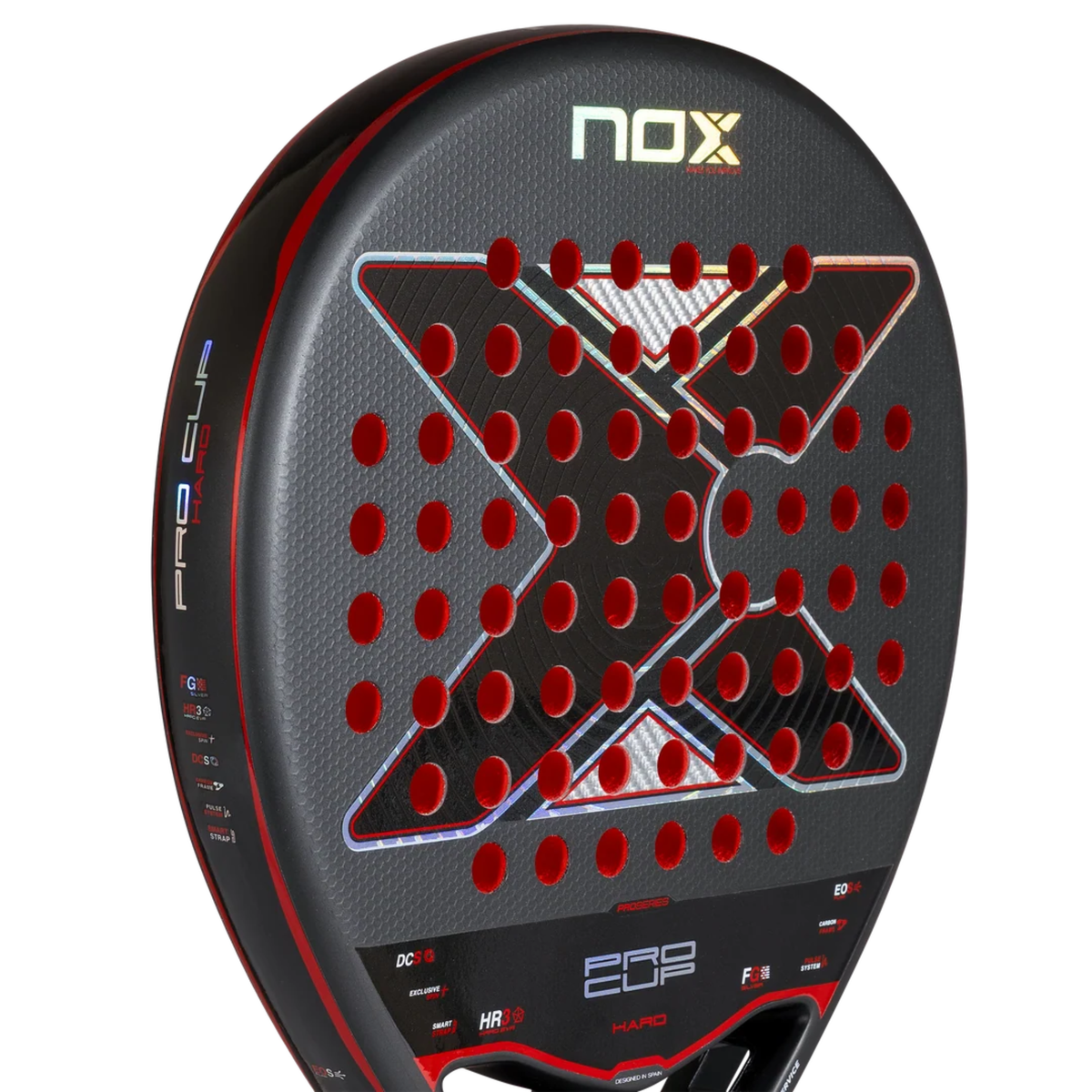 Close-up of the racket face and hole pattern of the NOX Pro Cup HARD by Agustin Tapia 2027.