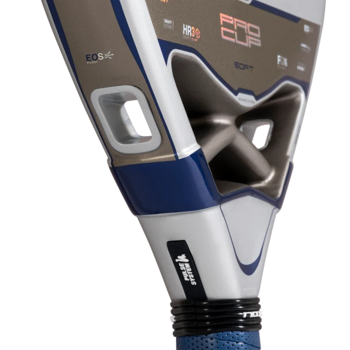 Close-up of the bridge construction of the NOX Pro Cup SOFT by Agustin Tapia 2027 padel racket.