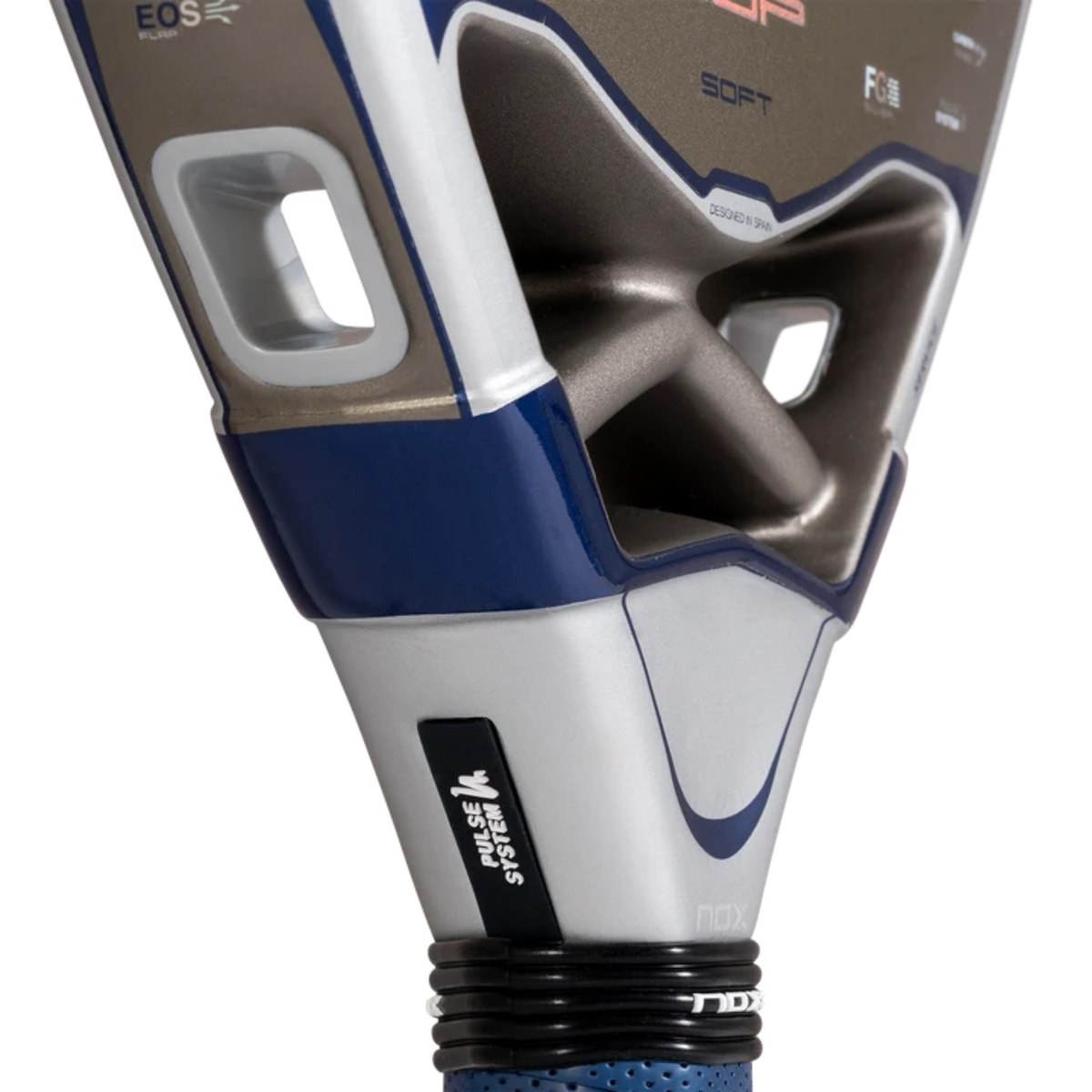Close-up of the EOS frame opening and bridge of the NOX Pro Cup SOFT by Agustin Tapia 2027 padel racket.