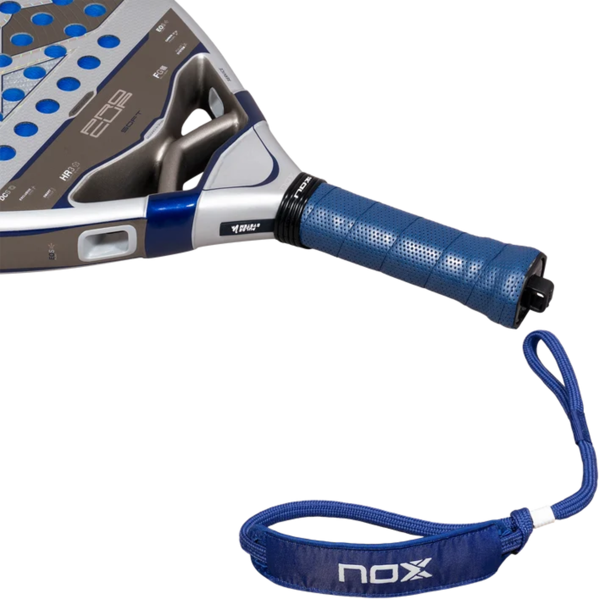 View of the handle and blue Smart Strap of the NOX Pro Cup SOFT by Agustin Tapia 2027 padel racket.