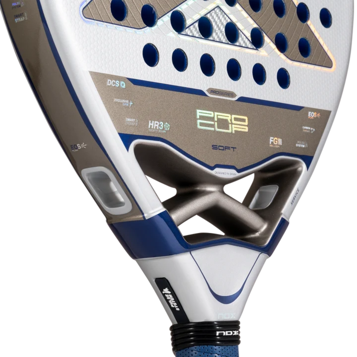 Close-up of the lower racket face and Pro Cup SOFT details of the NOX Agustin Tapia 2027 padel racket.