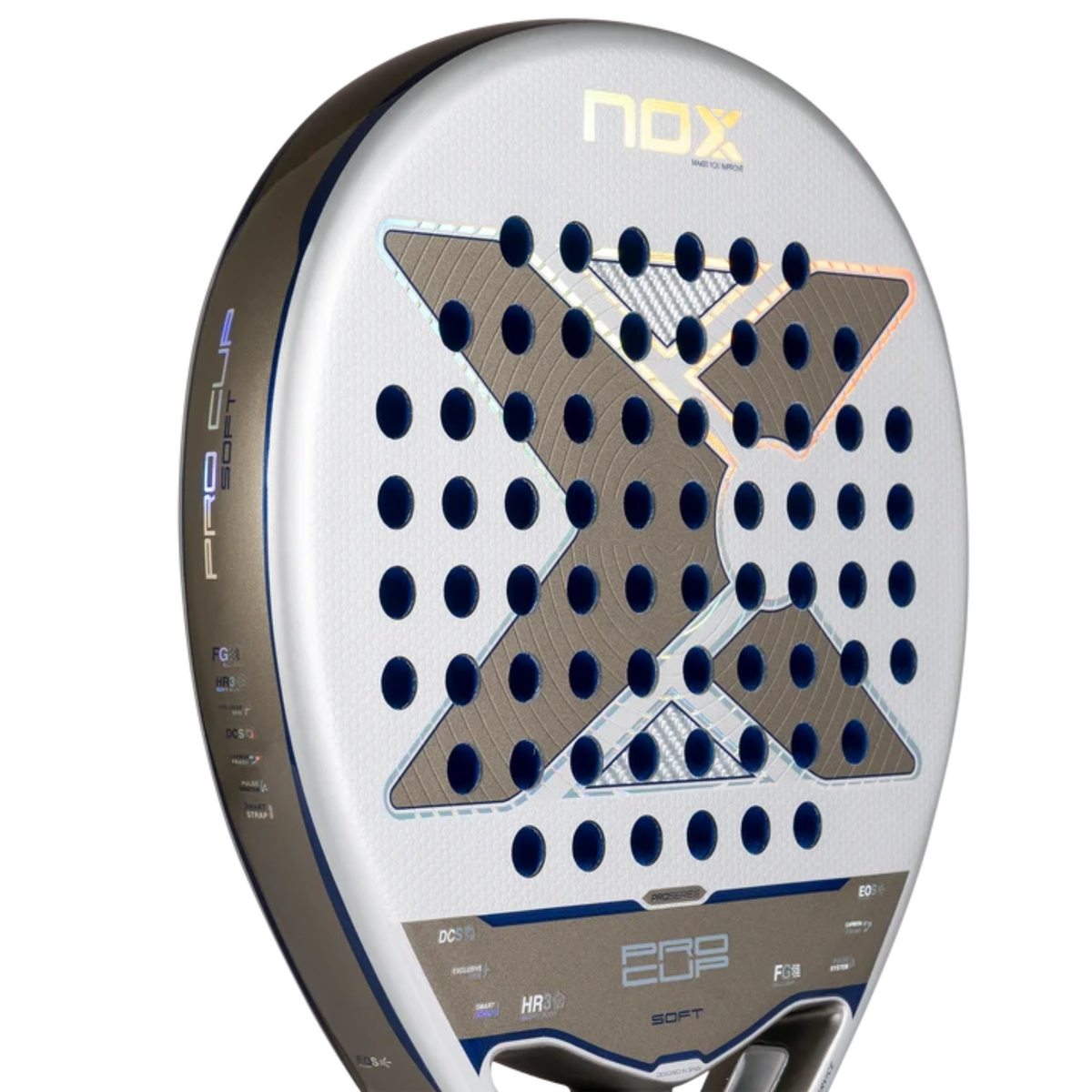 Close-up of the racket face and hole pattern of the NOX Pro Cup SOFT by Agustin Tapia 2027.