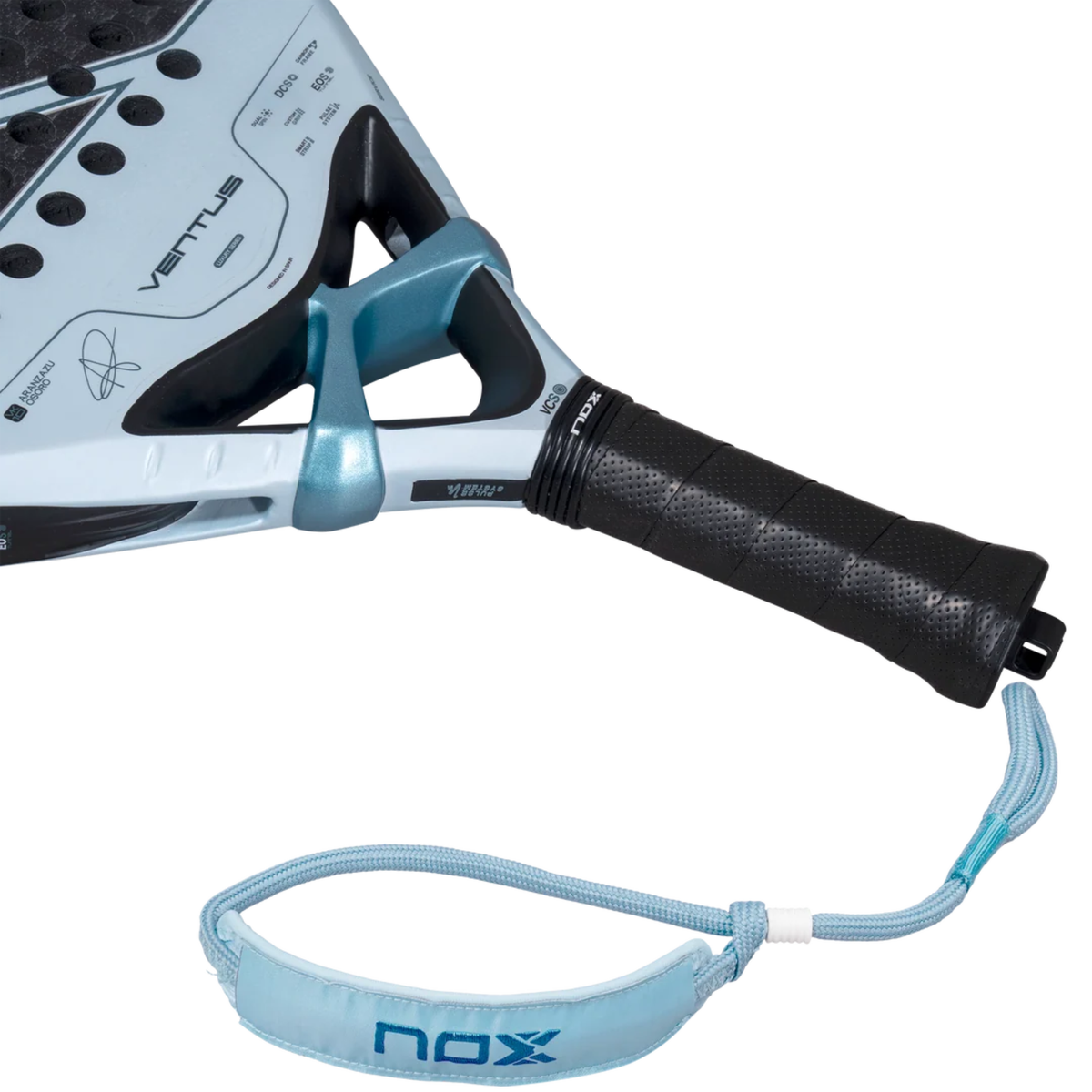 View of the handle and wrist strap of the NOX Ventus Control 12K Aranzazu Osoro 2027 padel racket.