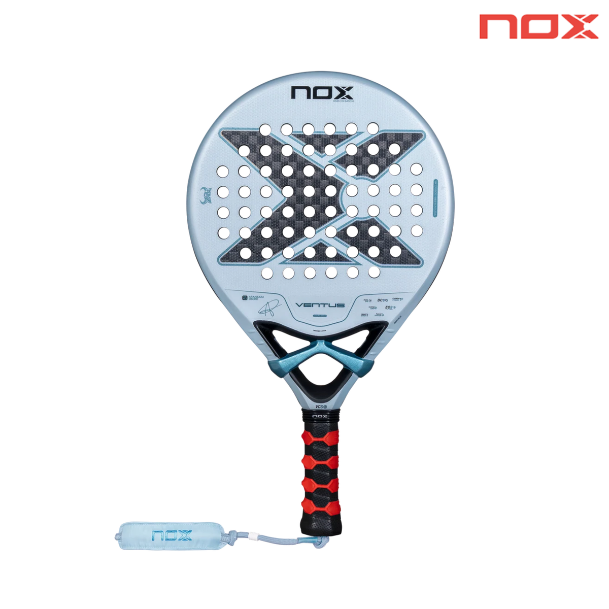 Front view of the NOX Ventus Control 12K Aranzazu Osoro 2027 padel racket with NOX logo.