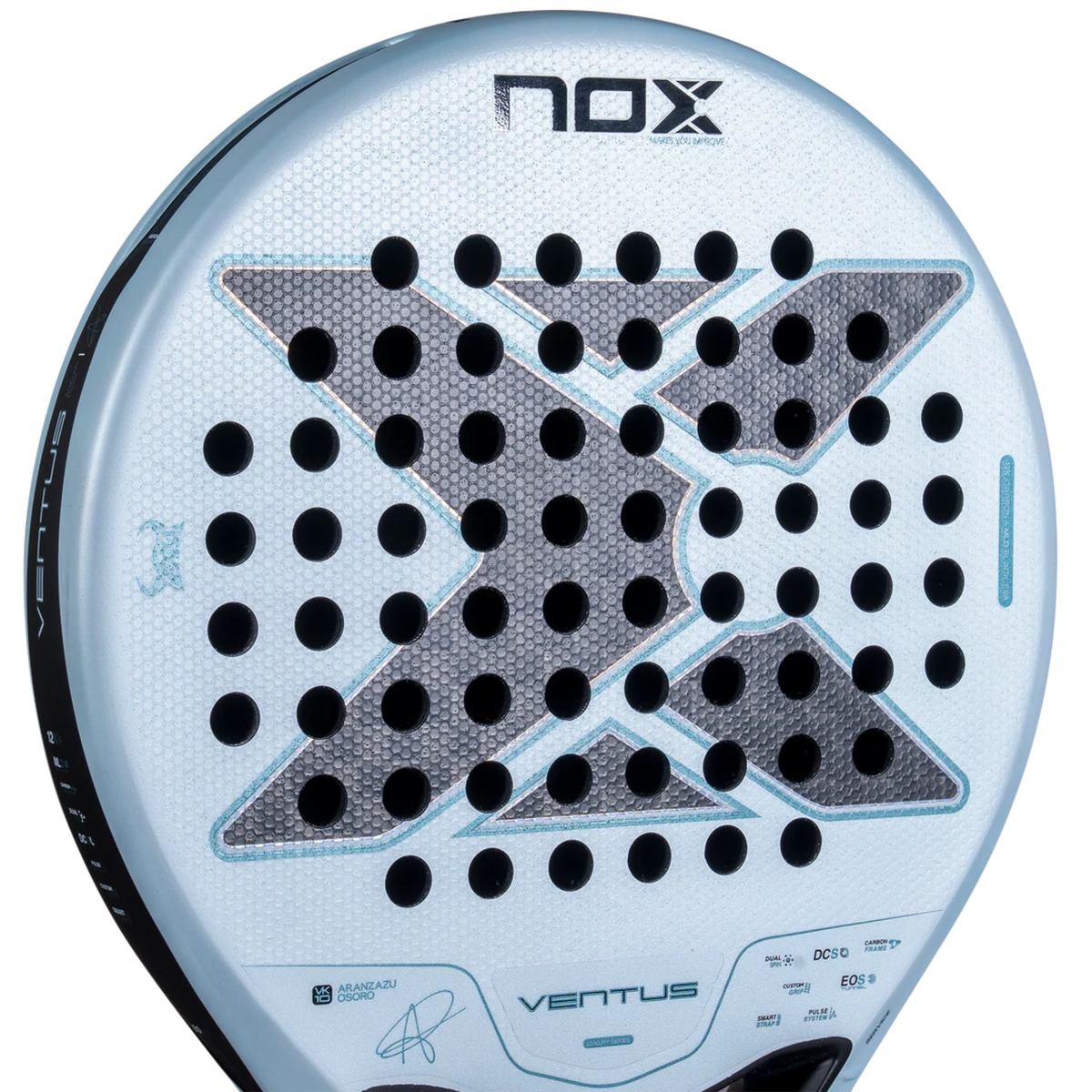 Close-up of the racket face and hole pattern of the NOX Ventus Control 12K Aranzazu Osoro 2027.