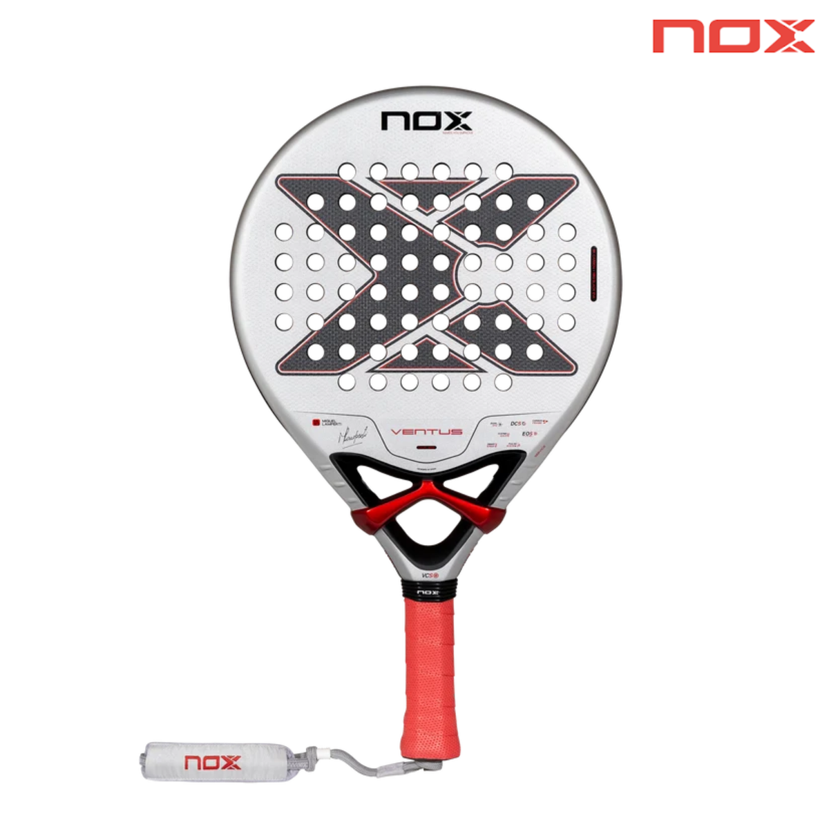 Front view of the NOX Ventus Control 3K by Miguel Lamperti 2027 padel racket with NOX logo.