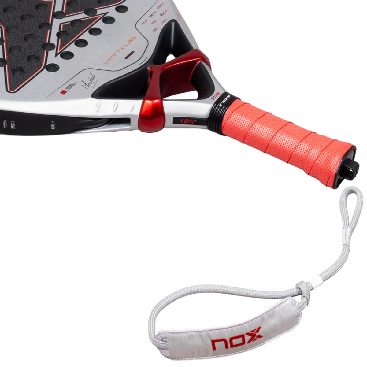 View of the red handle and wrist strap of the NOX Ventus Control 3K by Miguel Lamperti 2027 padel racket.