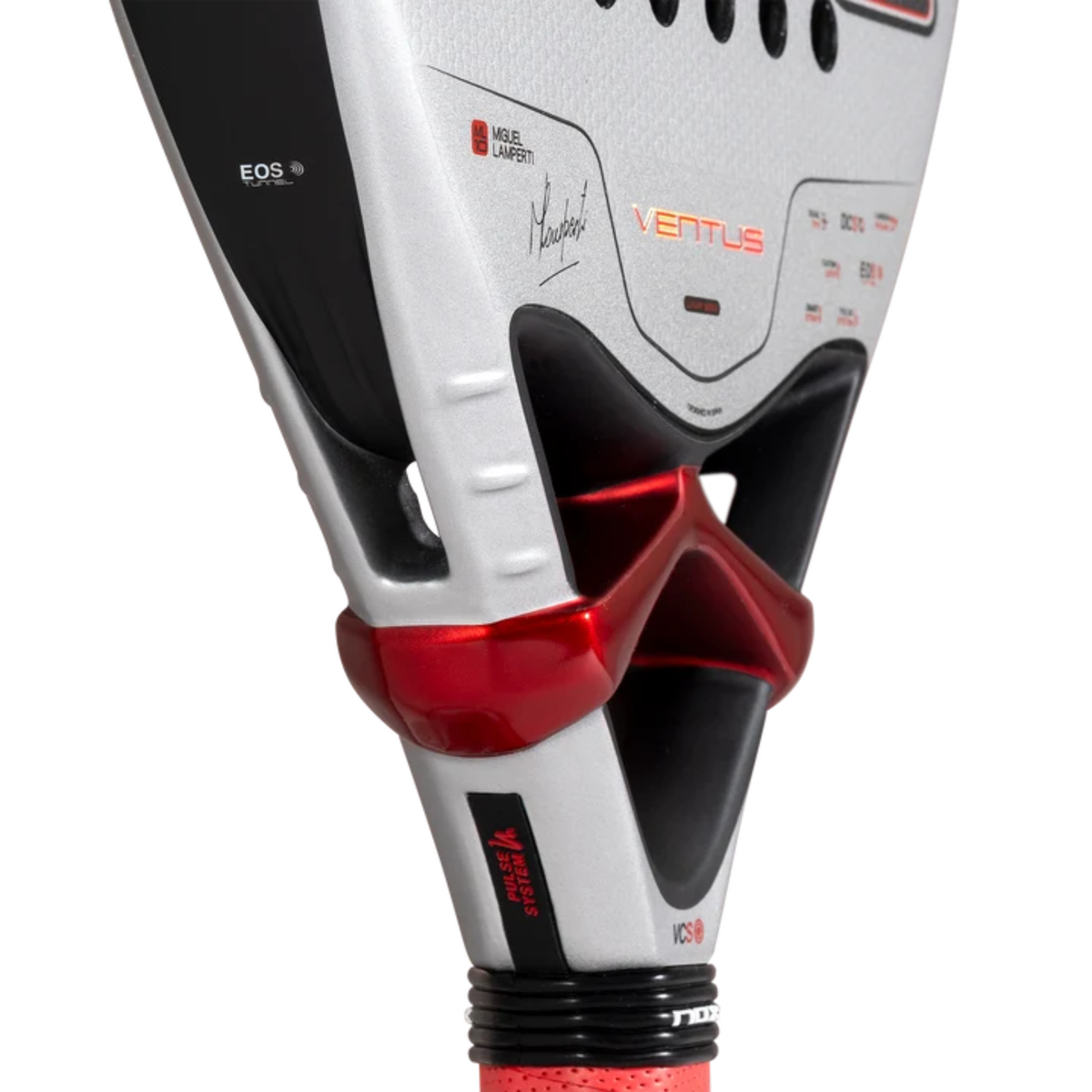 Close-up of the red and black bridge of the NOX Ventus Control 3K by Miguel Lamperti 2027 padel racket.