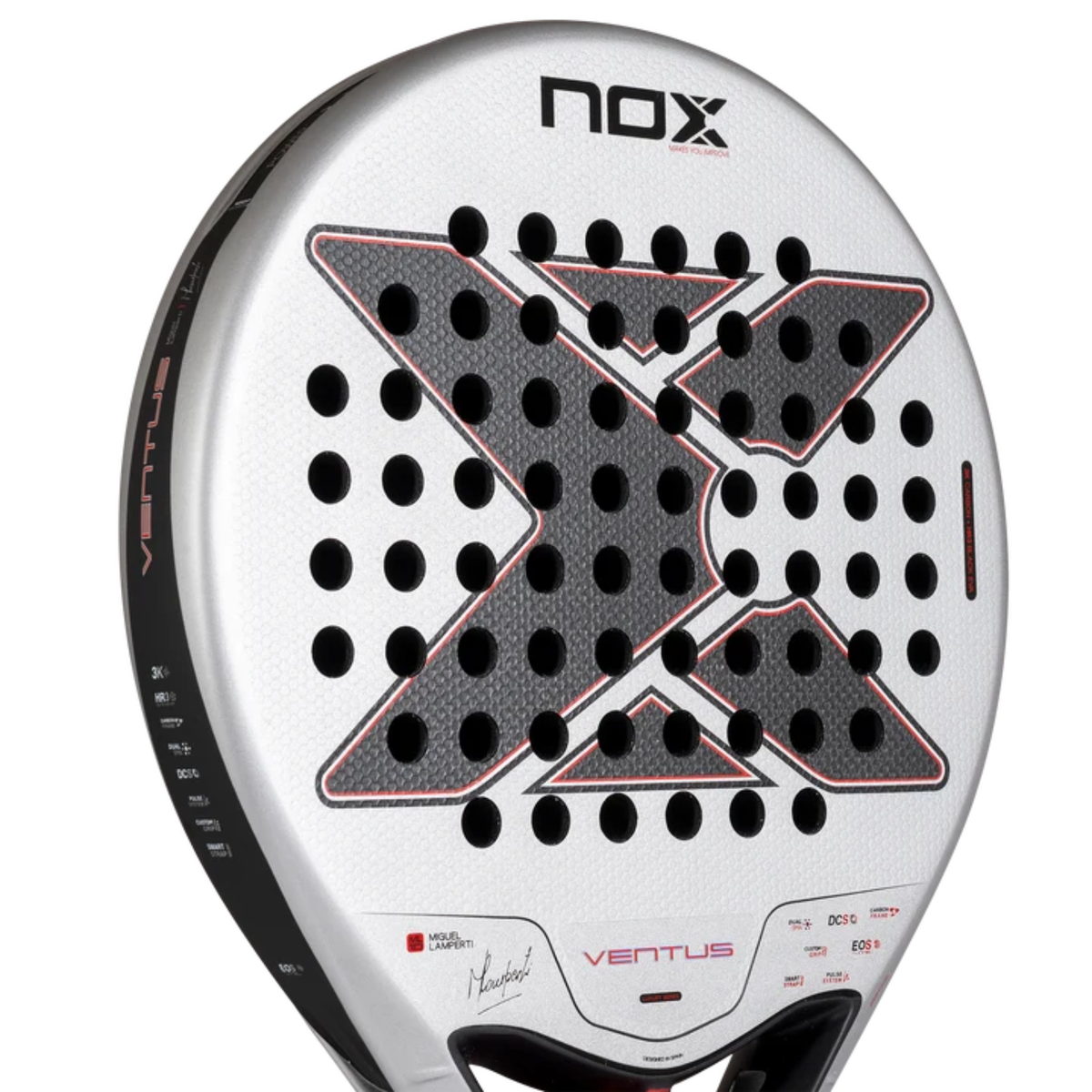 Close-up of the racket face and hole pattern of the NOX Ventus Control 3K by Miguel Lamperti 2027.