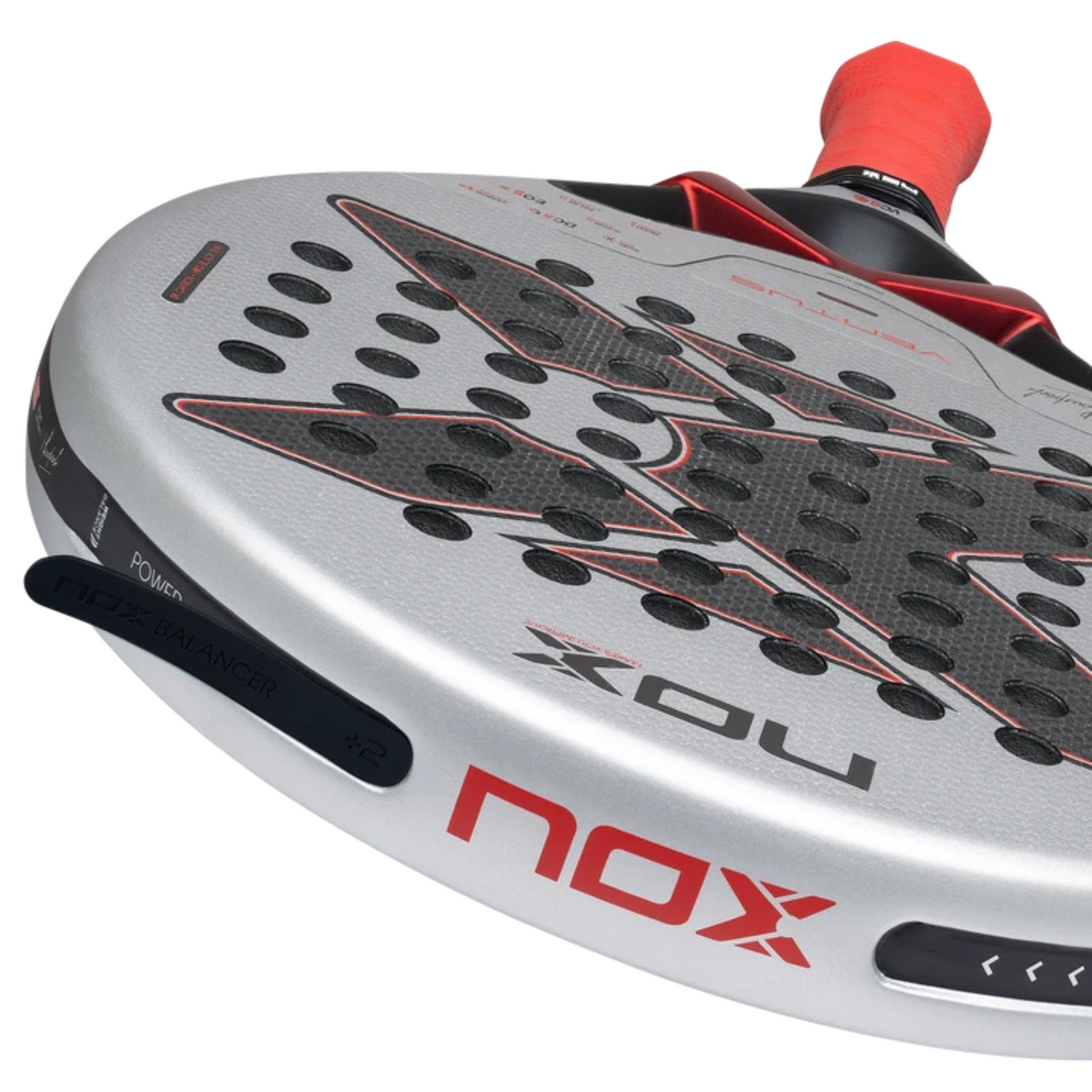Close-up of the NOX Weight Balance system on the frame of the Ventus Control 3K by Miguel Lamperti 2027 padel racket.