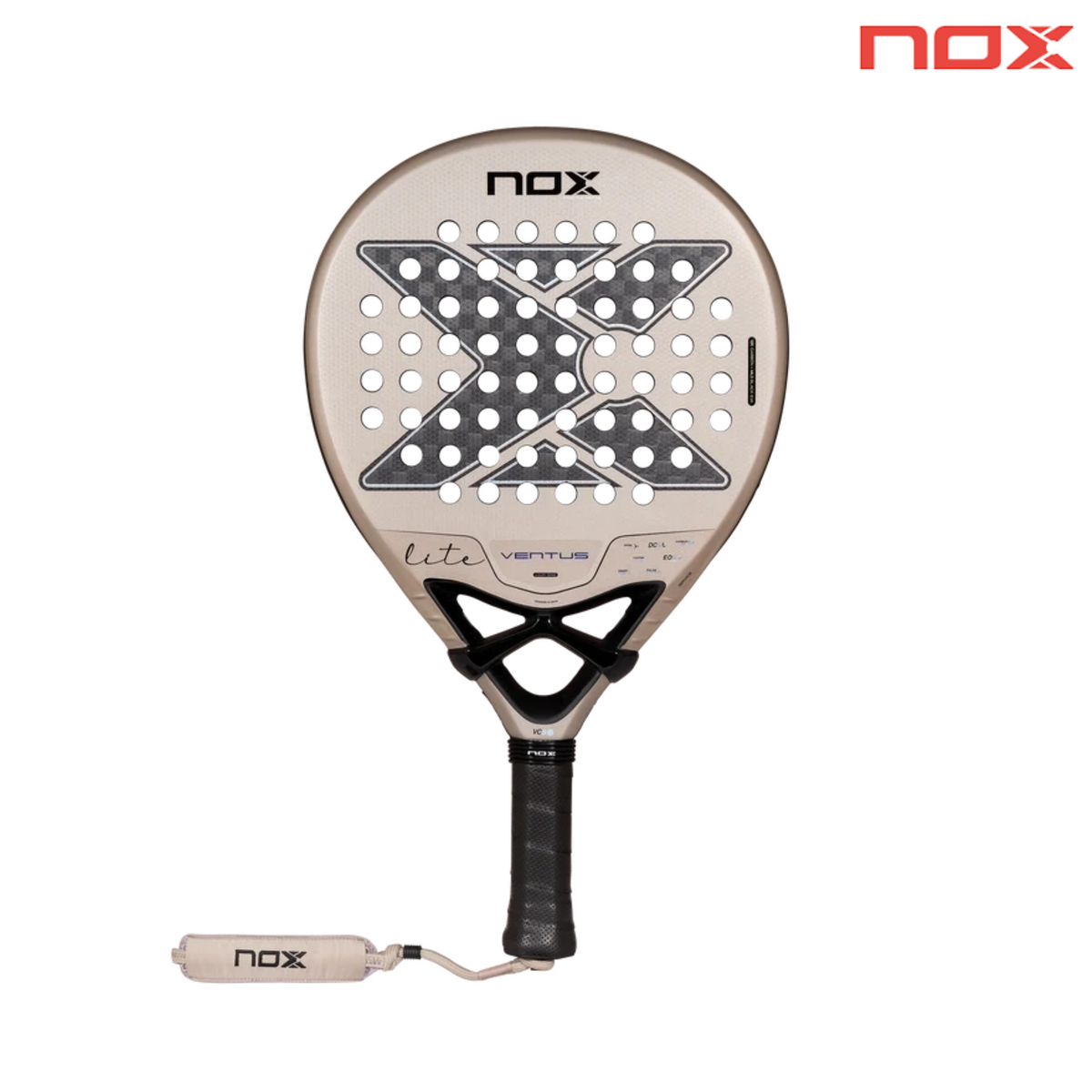 Front view of the NOX Ventus Hybrid 12K Lite 2027 padel racket with NOX logo.