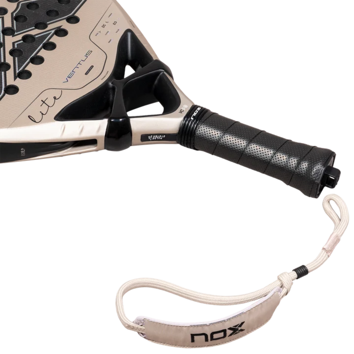 View of the handle and wrist strap of the NOX Ventus Hybrid 12K Lite 2027 padel racket.
