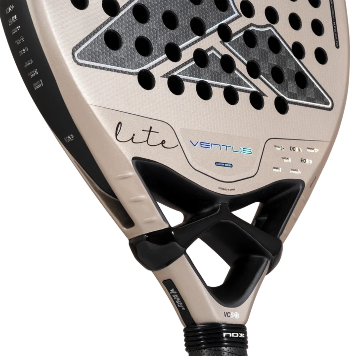 Close-up of the lower racket face and frame of the NOX Ventus Hybrid 12K Lite 2027.