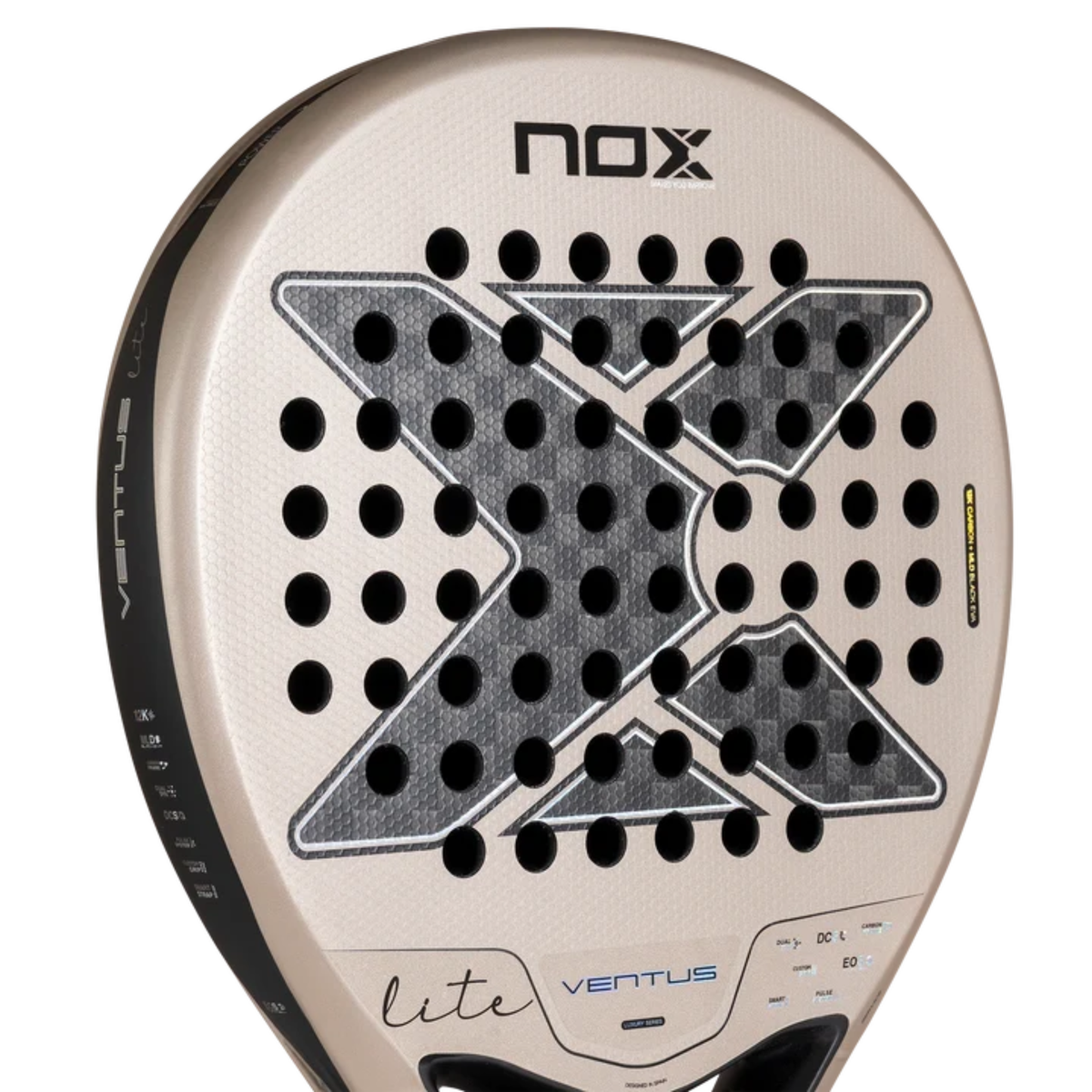 Close-up of the racket face and hole pattern of the NOX Ventus Hybrid 12K Lite 2027.