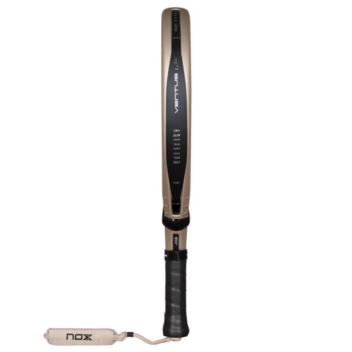 Side view of the NOX Ventus Hybrid 12K Lite 2027 padel racket showing the frame profile.