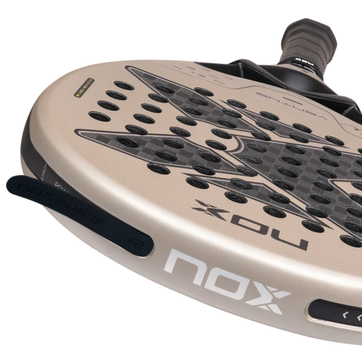 Close-up of the NOX Weight Balance system on the frame of the Ventus Hybrid 12K Lite 2027 padel racket.