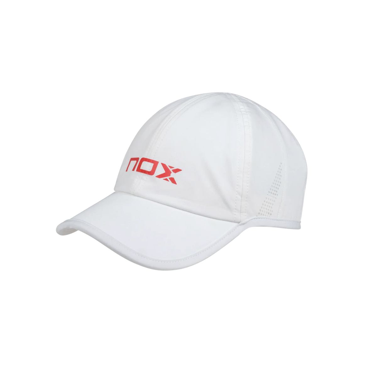Angled front view of the white NOX cap with red NOX logo.