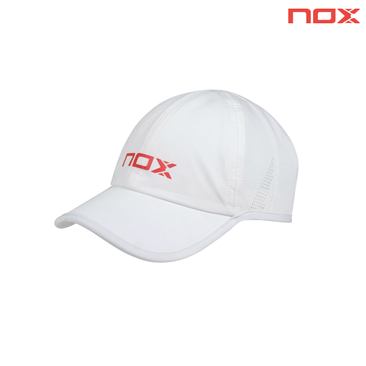 Angled front view of the white NOX cap with red NOX logo and external NOX logo.